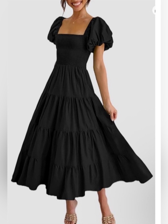 Pretty Garden Dresses & Skirts - Pretty Garden Black Square Neck Smocked Puff Sleeve Tiered Midi Maxi Dress XL